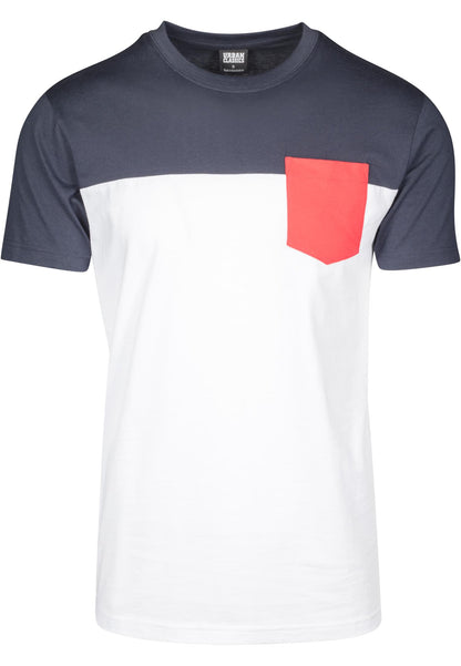 Herren T-Shirt mit Brusttasche 3-Tone Weiß/Marineblau/Feuerrot