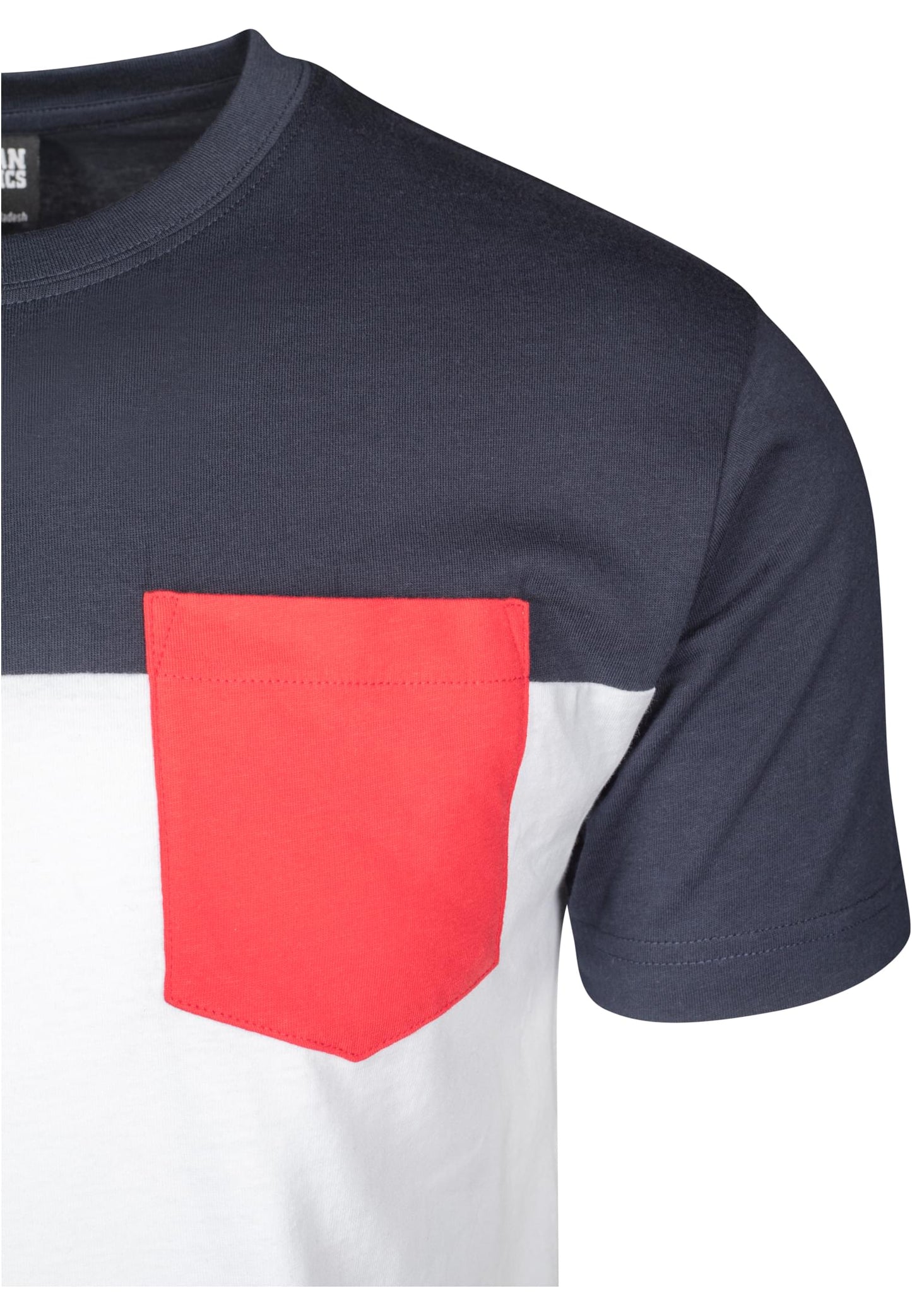 Herren T-Shirt mit Brusttasche 3-Tone Weiß/Marineblau/Feuerrot